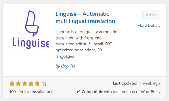 Linguaise plugin for automatic multilingual translation. 5-star rated.
