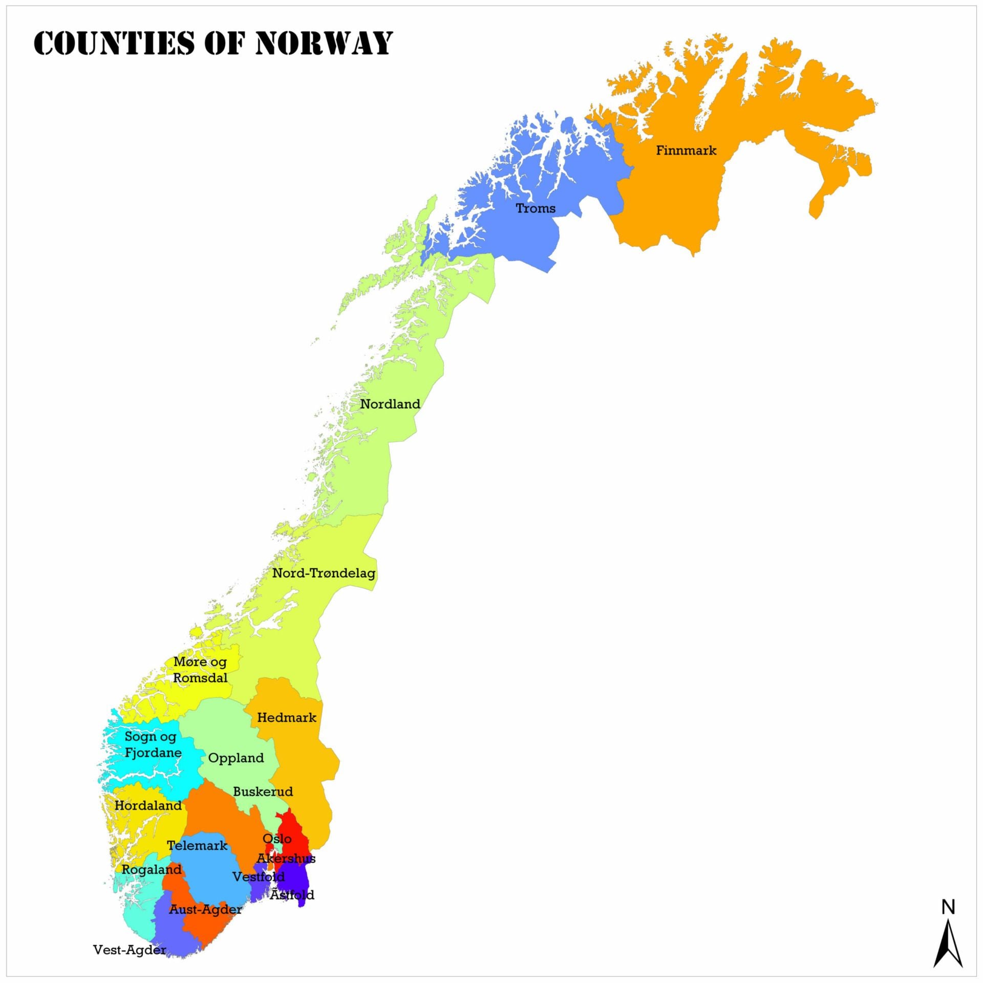 Map of Norway counties, colored regions