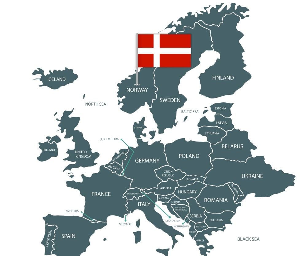 Map of Europe with Denmark highlighted