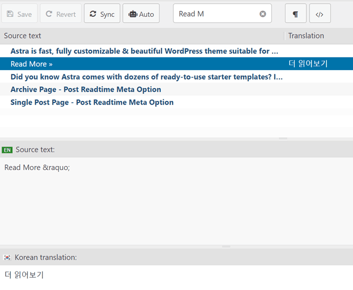 Translation interface for WordPress website. It shows source text and translation options.