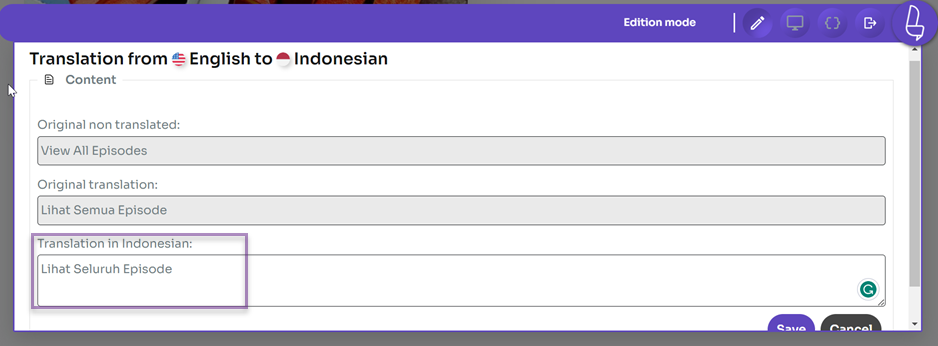 Screenshot of translation interface from English to Indonesian