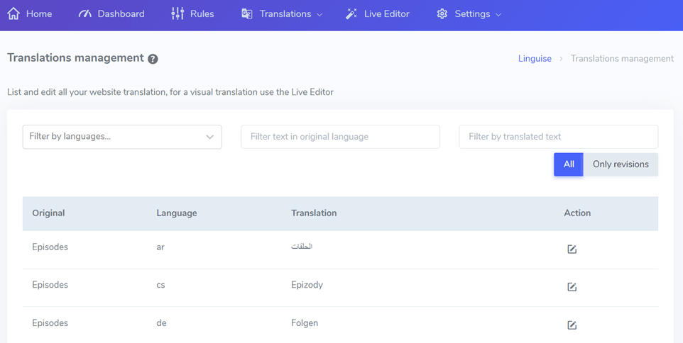 Interface de gerenciamento de traduções. Gerencie traduções.