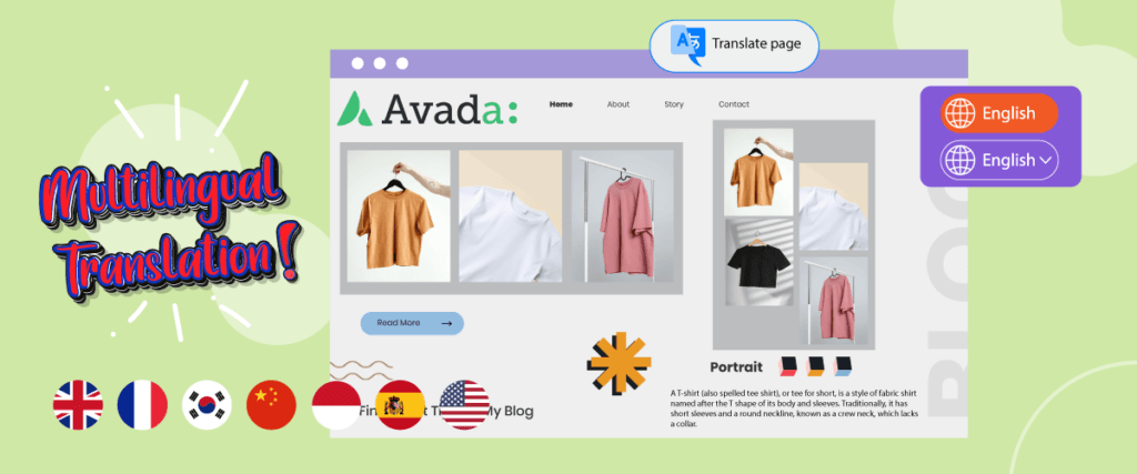 Captura de tela da página de demonstração do tema Avada. Design de site multifuncional.