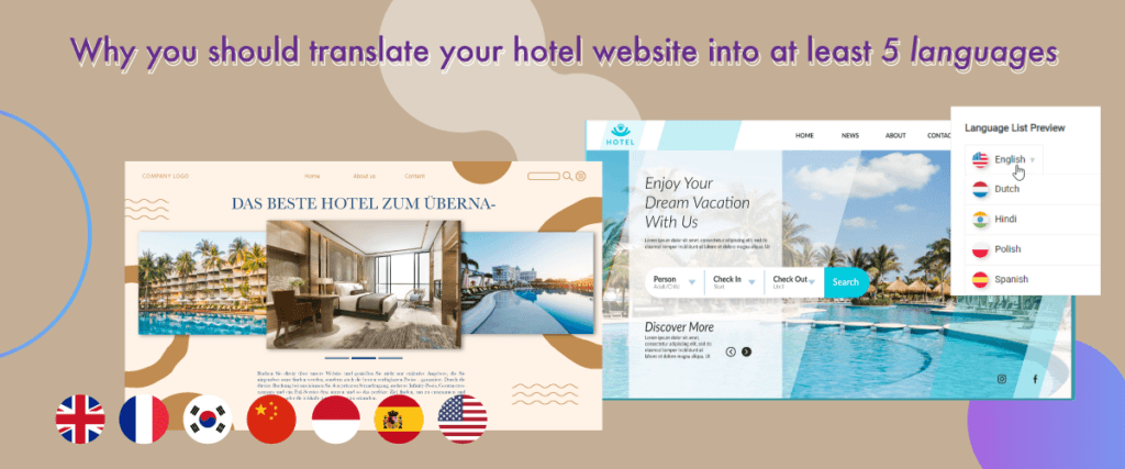 Infográfico sobre os benefícios de um site de hotel multilíngue. Melhore a experiência do cliente com traduções.