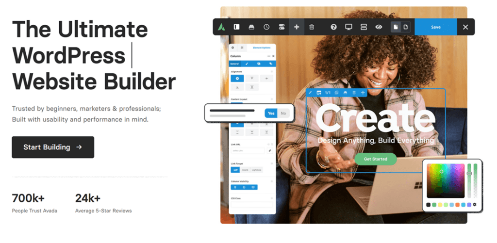 A website builder interface with a woman on screen. A tool to create websites.