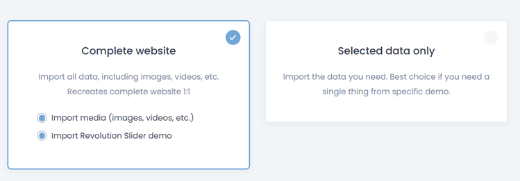 Opções de site completo e apenas dados selecionados