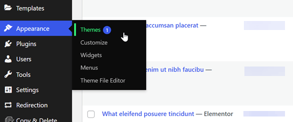 screenshot of template themes menu. menu options are visible