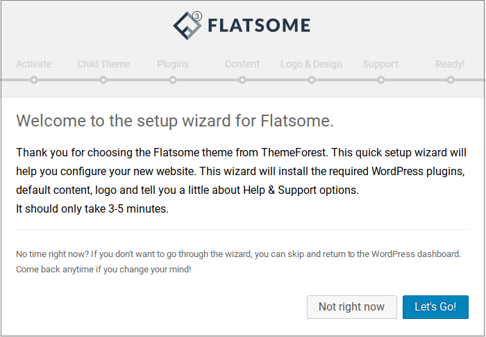 Página de boas‑vindas do assistente de configuração do Flatsome