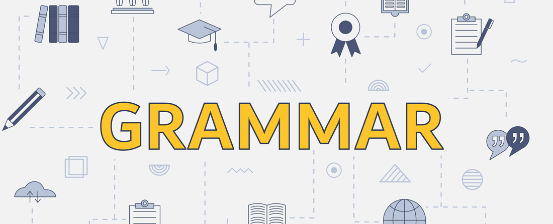 Uma coleção de ícones relacionados ao aprendizado de gramática. Vários símbolos educacionais.