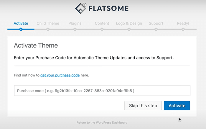 Página de ativação do tema Flatsome