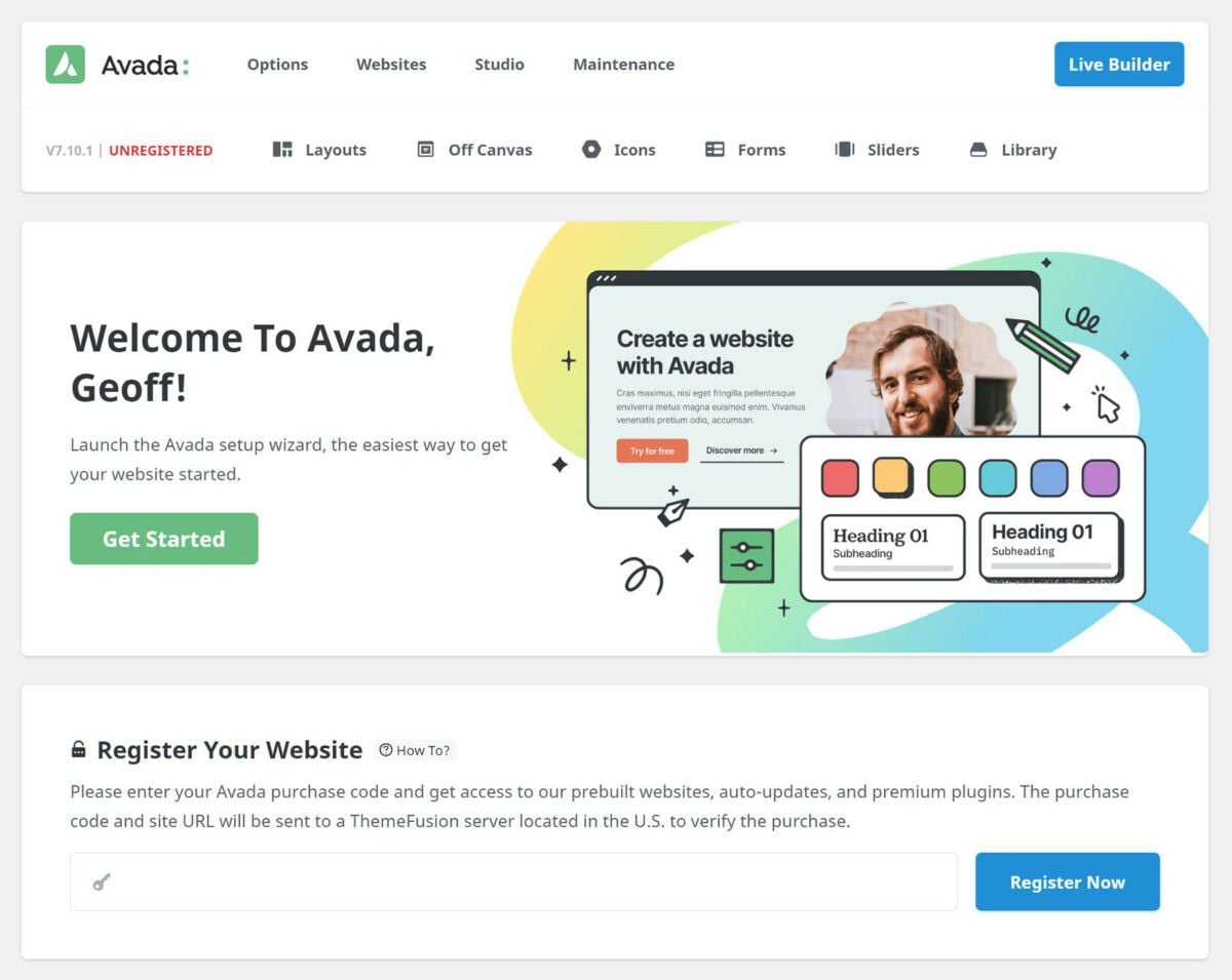Avada website builder dashboard for creating websites.