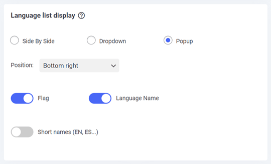 Configurações para exibir a lista de idiomas
