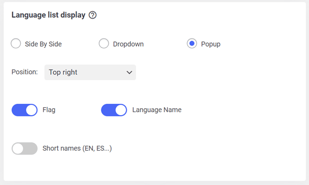 Settings menu for language text display