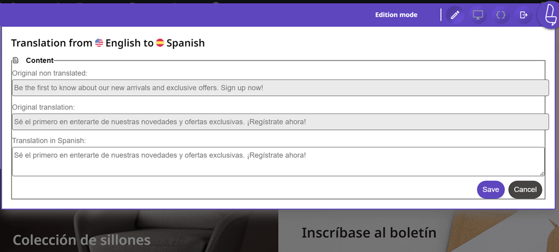 Online translation tool interface
