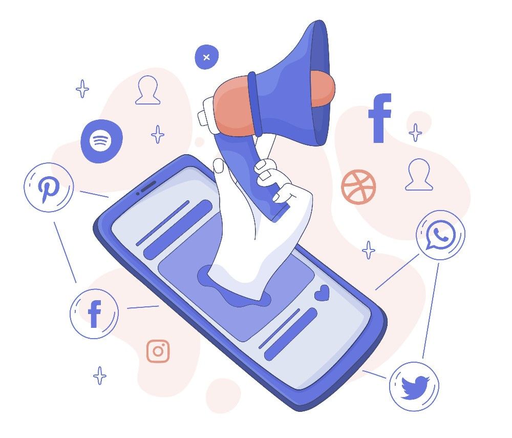 An illustration of a megaphone on a smartphone surrounded by social media icons.