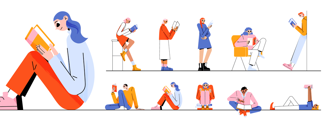 Uma série de ilustrações mostrando pessoas se alongando. Diferentes exercícios são mostrados.