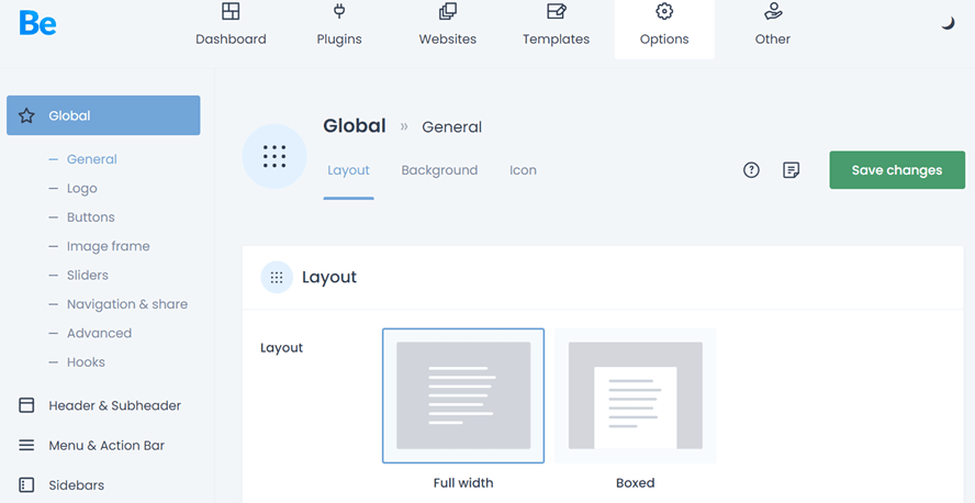 Painel de configurações do site para configuração geral