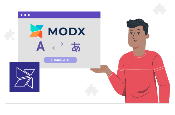 A man pointing at a computer screen with MODX translation tools