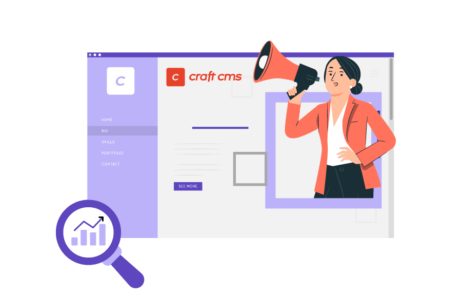 A magnifying glass over a graph and a web page with a person holding a megaphone