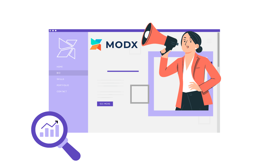 A line drawing of a website with a megaphone.