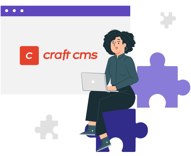 Illustration of woman on laptop, Craft CMS logo.