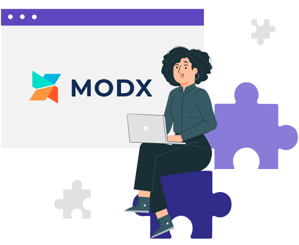 A woman working on a laptop with MODX logo. Website development concept.