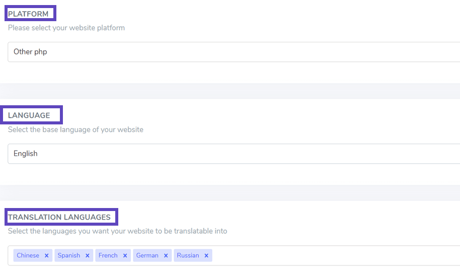 Website platform and translation language settings