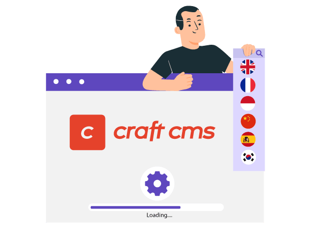 A man standing next to a loading animation on a computer screen with Craft CMS logo