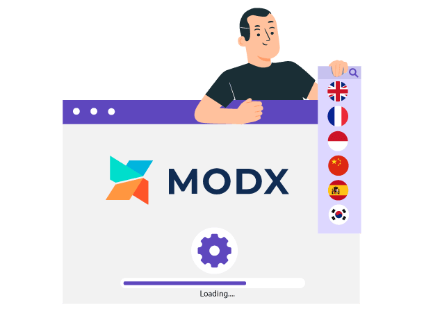 A man standing behind a loading screen of MODX website builder. The screen displays a loading progress bar.