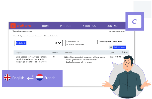Man gesturing, explaining website settings. Various options on screen.
