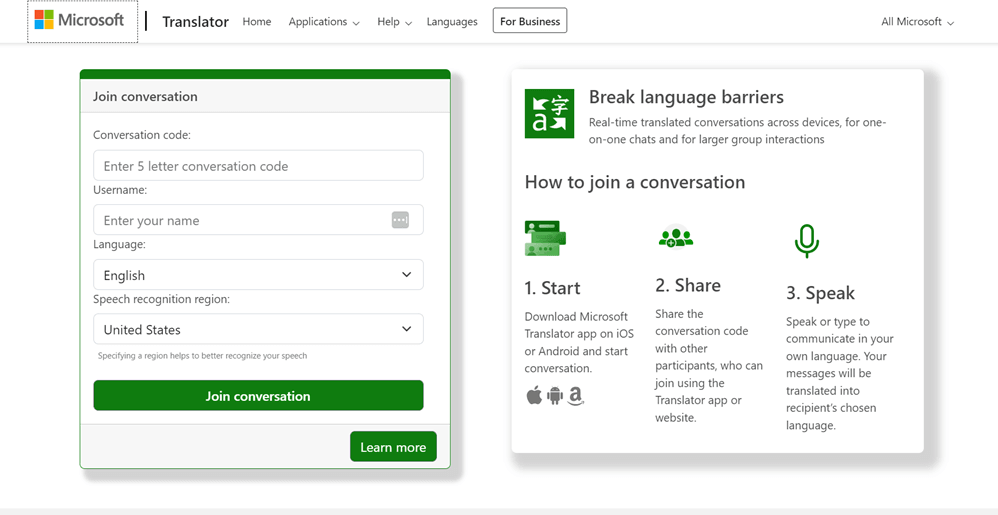 Microsoft Translator conversation mode interface. Break language barriers with real-time translation.