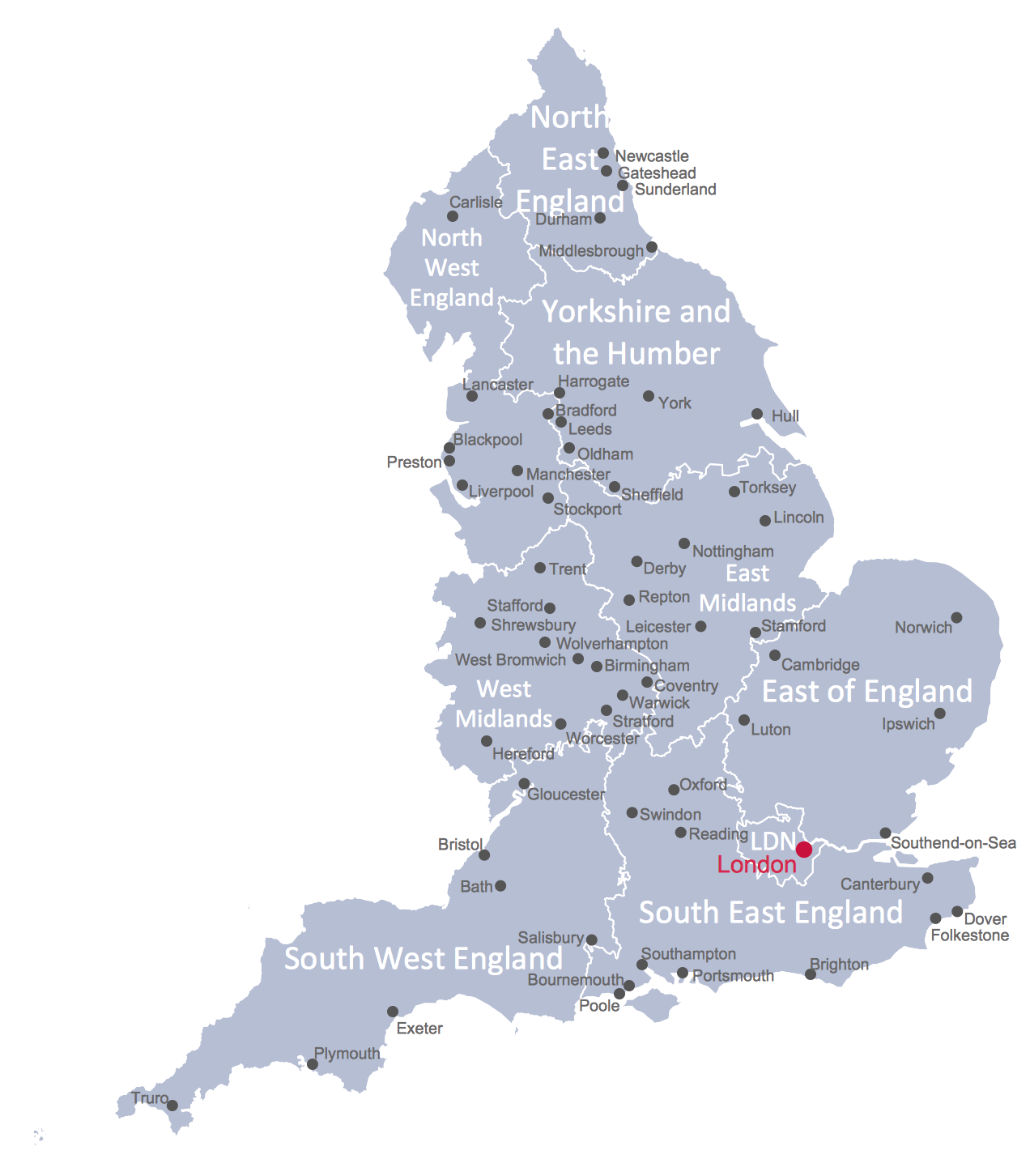 A map of England with labeled regions and counties. The map is presented in black and white.