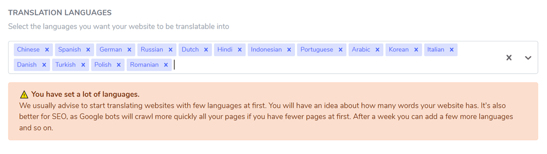 Captura de tela do menu de seleção de idiomas de tradução. Lista de idiomas para tradução do site.