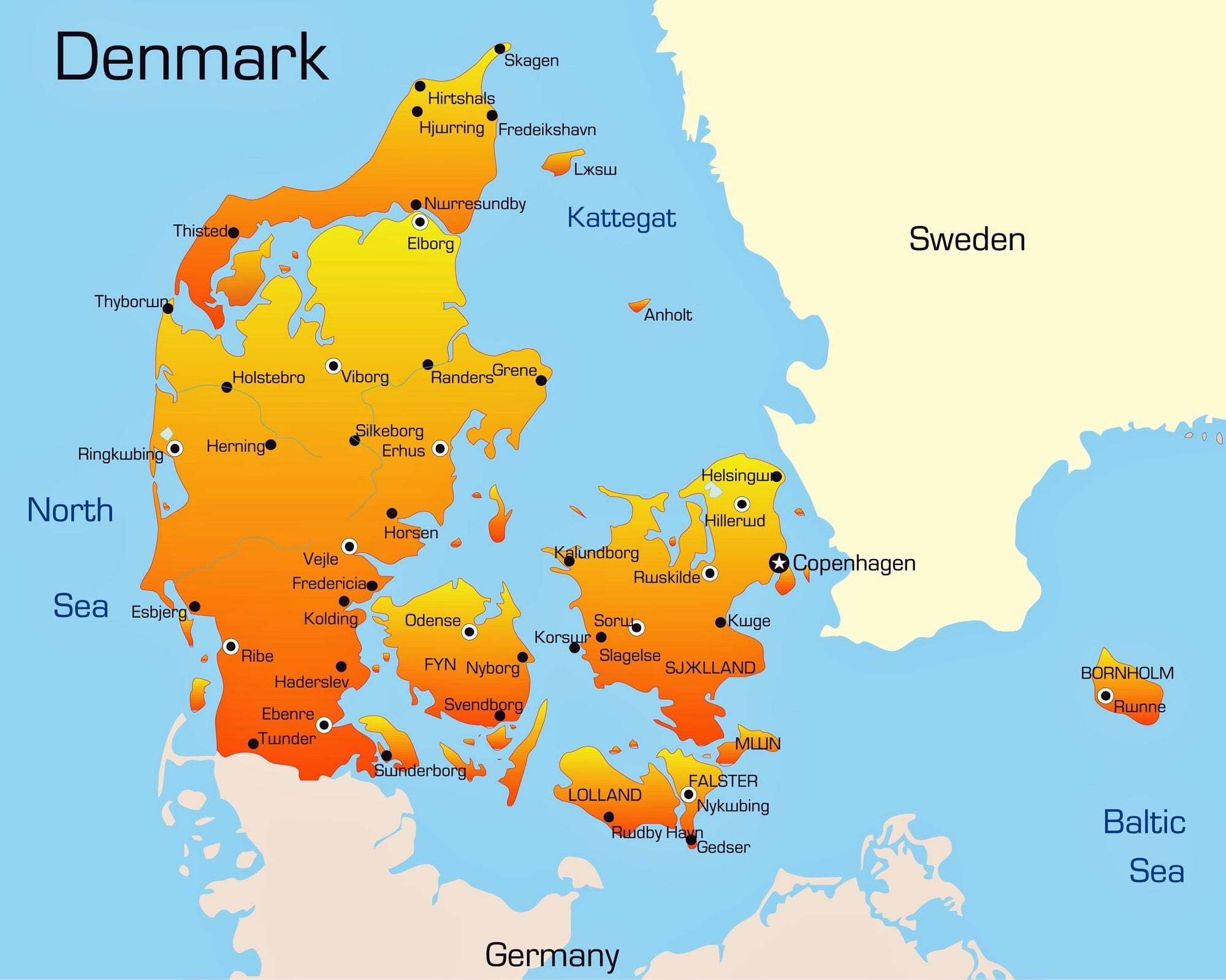 Um mapa da Dinamarca com regiões de cores diferentes. O mapa mostra várias cidades e corpos d'água.