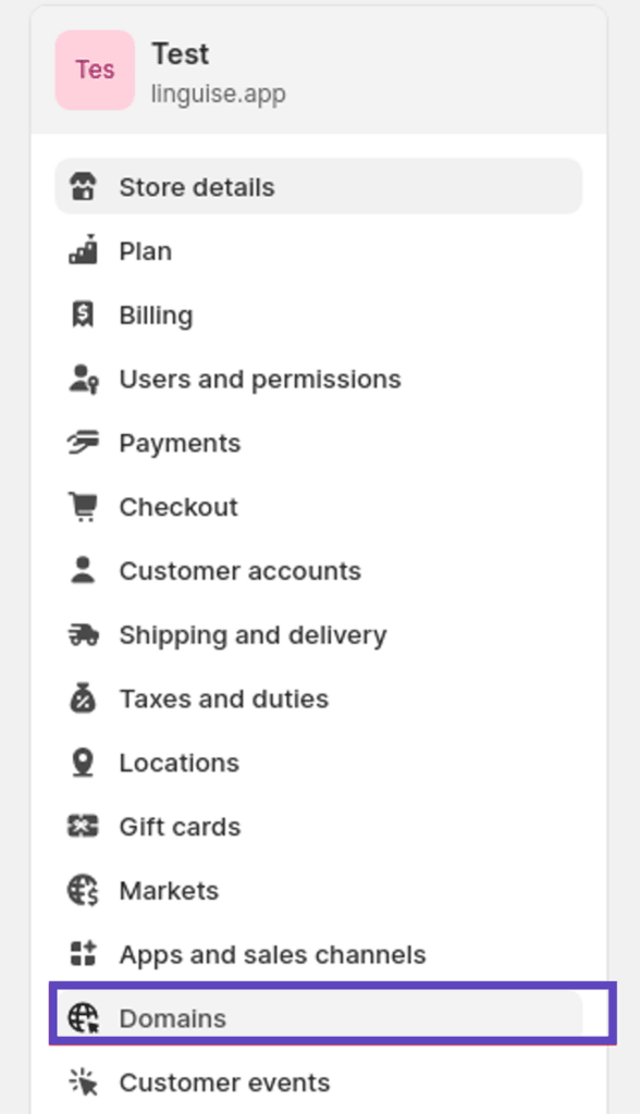 Shopify admin panel domains settings