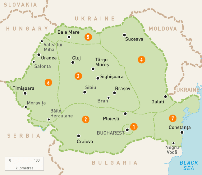 Um mapa da Romênia mostrando suas regiões, cidades e vilas.