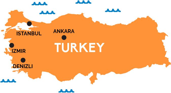 A map of Turkey showing major cities like Istanbul, Ankara, Izmir, and Denizli.