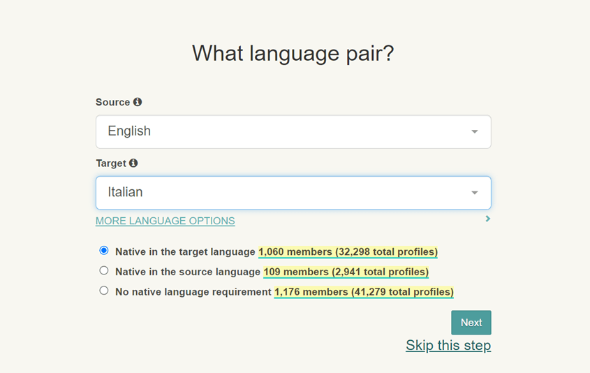Online translation tool interface. Language selection menu.