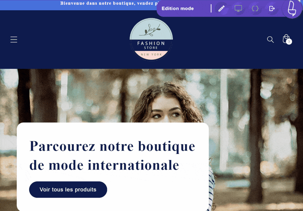 Woman smiling in a park with fashion store logo
