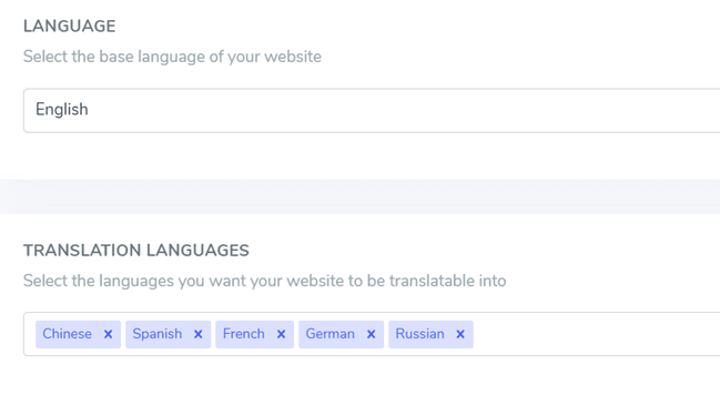 Selecting base language and translation options for a website.