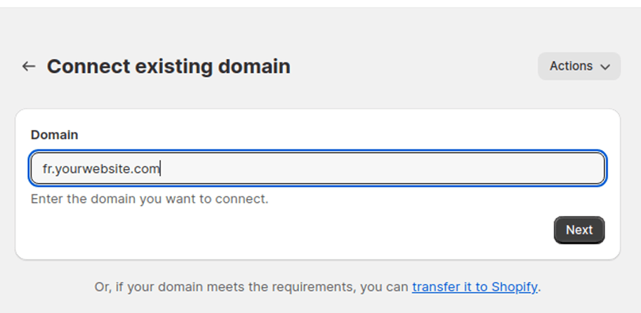 Shopify domain connection page with input field