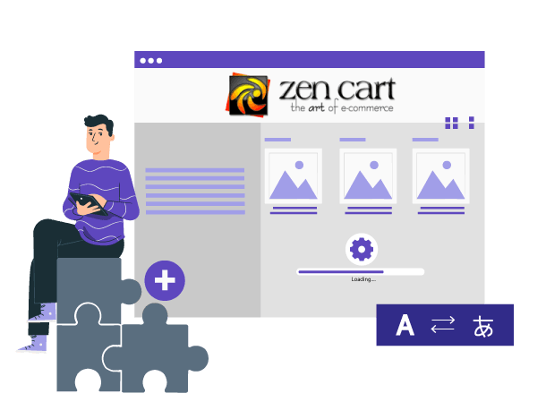 A person sitting on a puzzle piece next to a large Zen Cart ecommerce website illustration