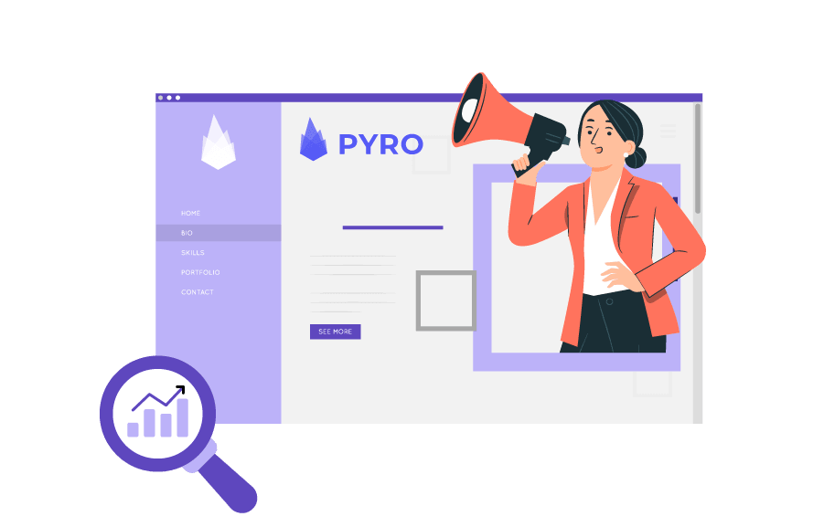 A businessman holding a megaphone in front of a website.