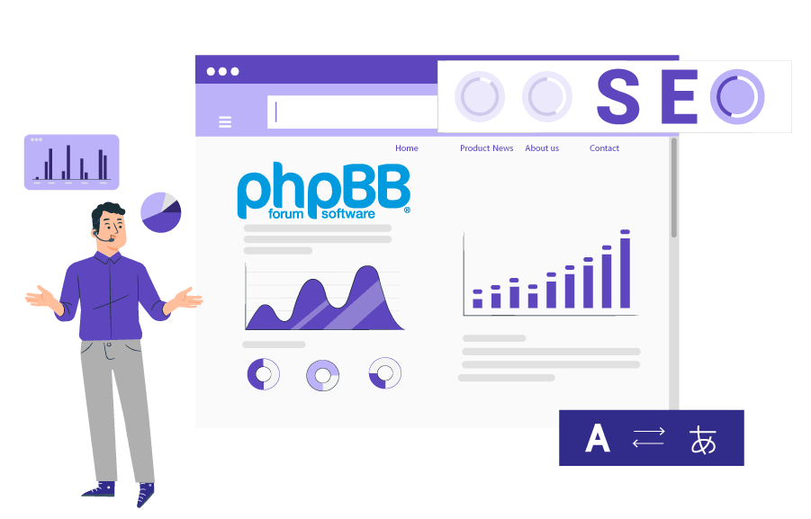 A man presenting online SEO data and strategy. The presentation includes graphs and charts.