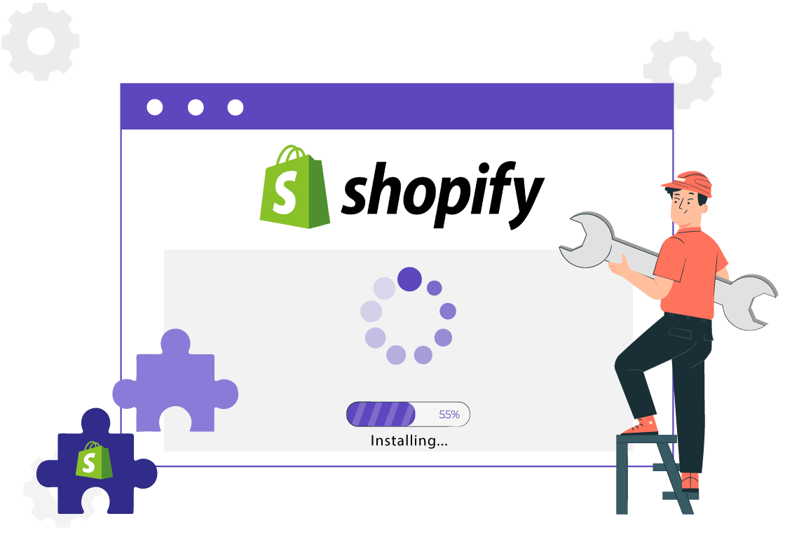 Shopify logo on a computer screen. A man working on a laptop.
