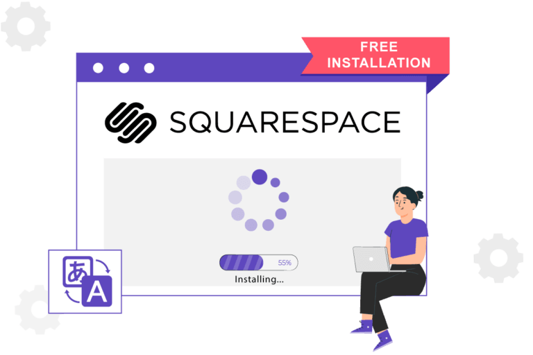 Squarespace logo on a computer screen with a person sitting next to it. The screen displays a loading animation.