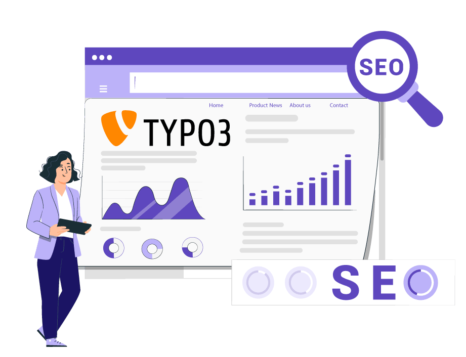 Woman analyzing website SEO on a large screen. TYPO3 logo visible.