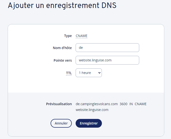 DNS settings for adding CNAME record