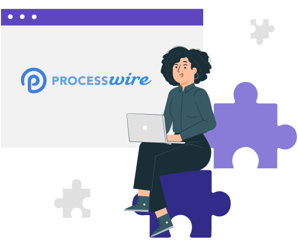 A woman sits on a puzzle piece with a laptop. Processwire logo on screen.