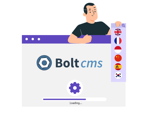 A user standing behind a computer screen with the Bolt CMS logo. The screen displays a loading animation.